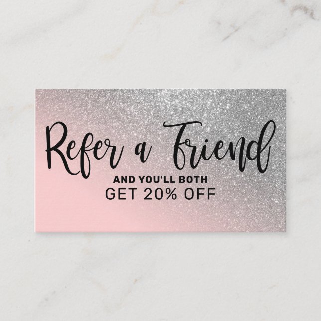 Blush Pink Silver Glitter Gradient Typography Referral Card (Front)