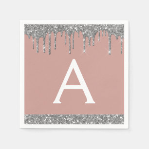 Blush Pink Silver Glitter Monogram Birthday Napkin