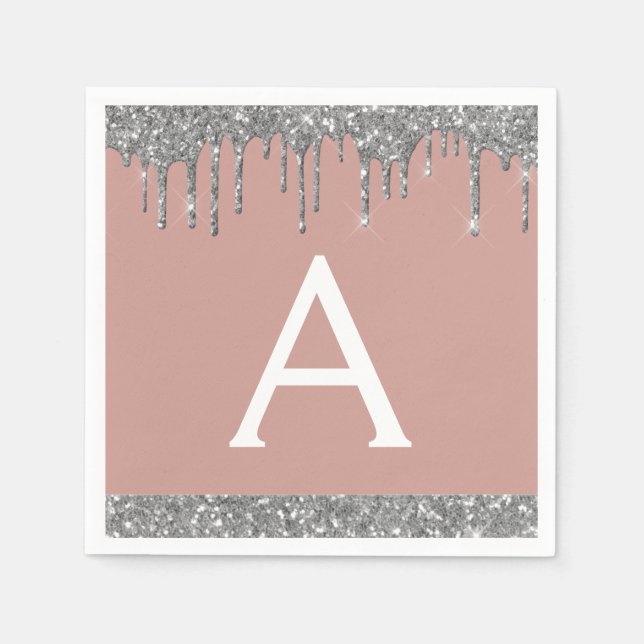 Blush Pink Silver Glitter  Monogram Birthday Napkin (Front)