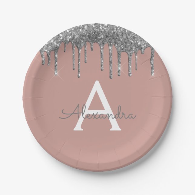 Blush Pink Silver Glitter Monogram Birthday Paper Plate (Front)