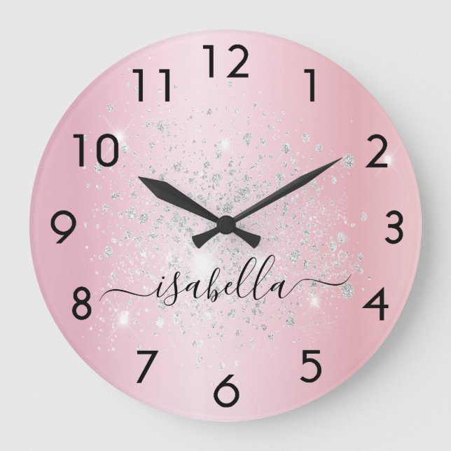 Blush pink silver glitter name script glamourous large clock (Front)