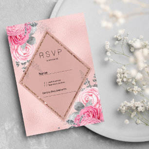 Blush pink silver glitter peony floral RSVP  Invitation