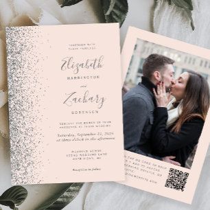 Blush Pink Silver Glitter Photo QR Code Wedding Invitation