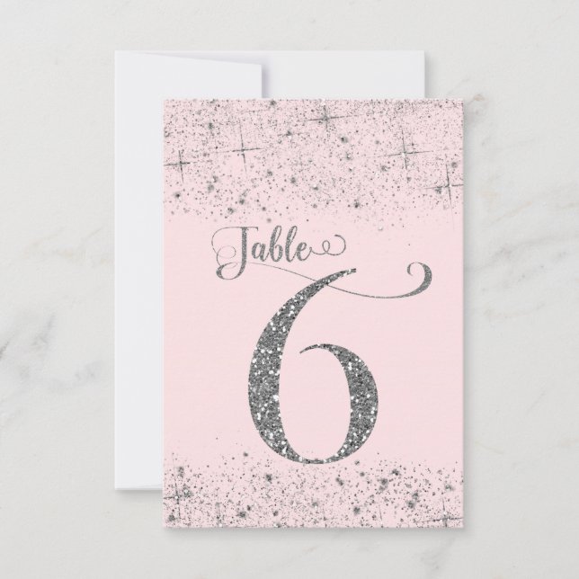Blush Pink Silver Glitter Table Numbers Number 6 (Front)