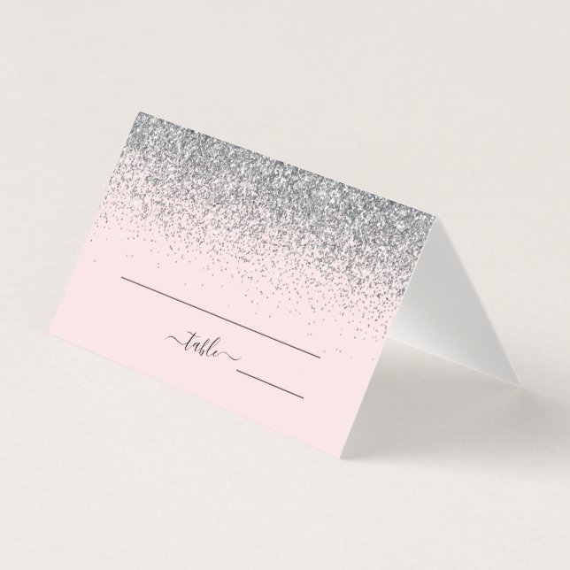 Blush Pink & Silver Glitter Wedding Place Card (Front)