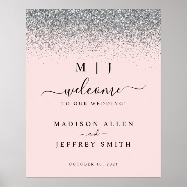 Blush Pink & Silver Glitter Wedding Welcome Sign (Front)