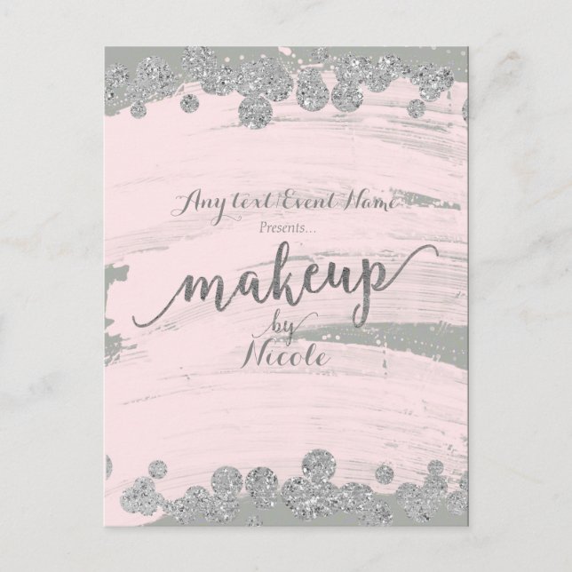Blush Pink Silver & Grey Sparkle Dots Makeup Event Announcement Postcard (Front)