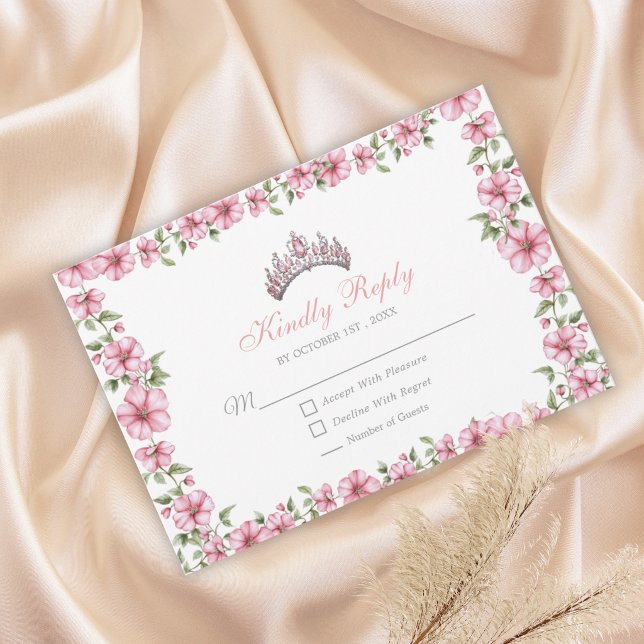 Blush Pink Silver Mis Quince Glitter Quinceañera RSVP Card (Creator Uploaded)