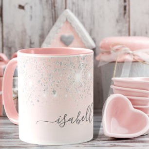 Blush pink silver sparkles name script mug