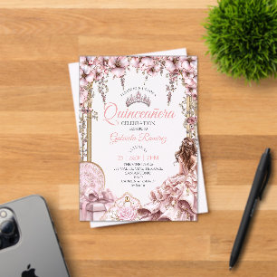 Blush Pink Silver Tiara Floral  Quinceañera Acrylic Invitations