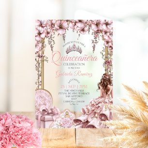 Blush Pink Silver Tiara Floral Quinceañera Acrylic Invitations