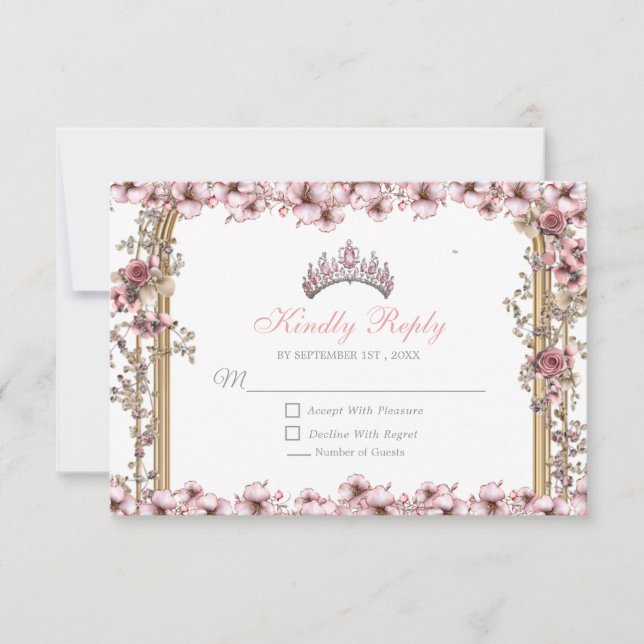 Blush Pink Silver Tiara Floral Quinceañera RSVP Card (Front)