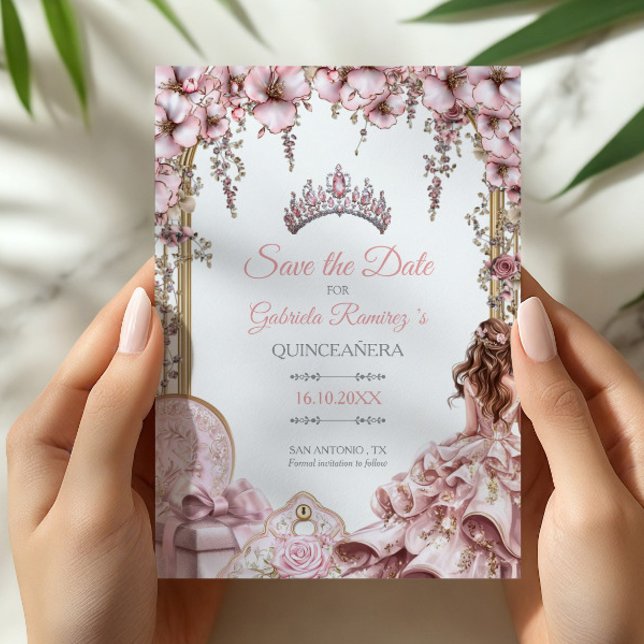 Blush Pink Silver Tiara Floral Quinceañera Save The Date (Creator Uploaded)