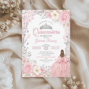  Blush Pink Silver Watercolor Roses Quinceañera  Invitation