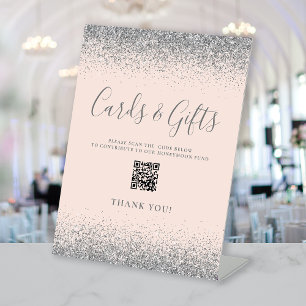 Blush Pink Silver Wedding Cards Gifts QR Code Pedestal Sign