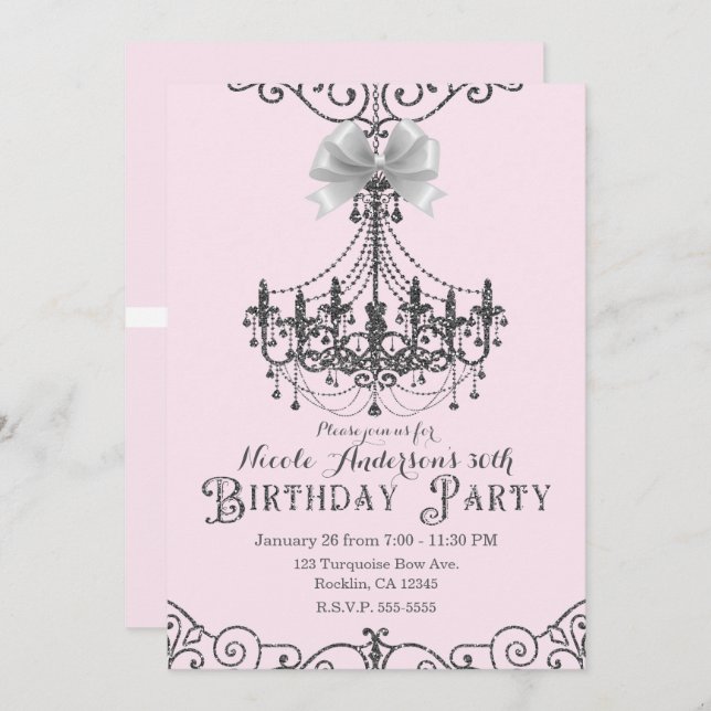 Blush Pink Silver White Bow Birthday Party Any Age Invitation (Front/Back)