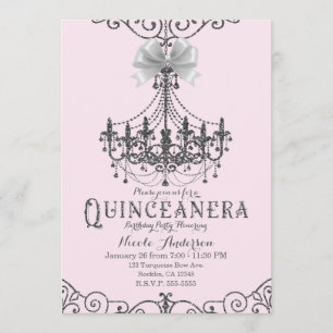 Blush Pink Silver White Bow Quinceañera 15 15th Invitation