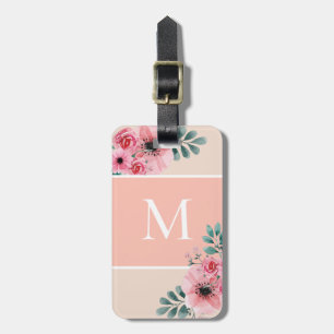 Blush Pink Simple Colour Block Monogram Floral Luggage Tag
