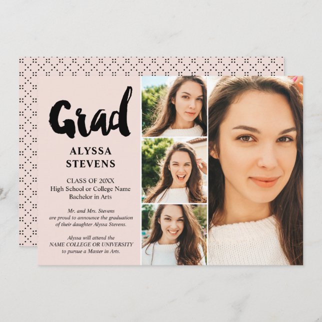 Blush pink simple Grad script 4 photos graduation Invitation (Front/Back)
