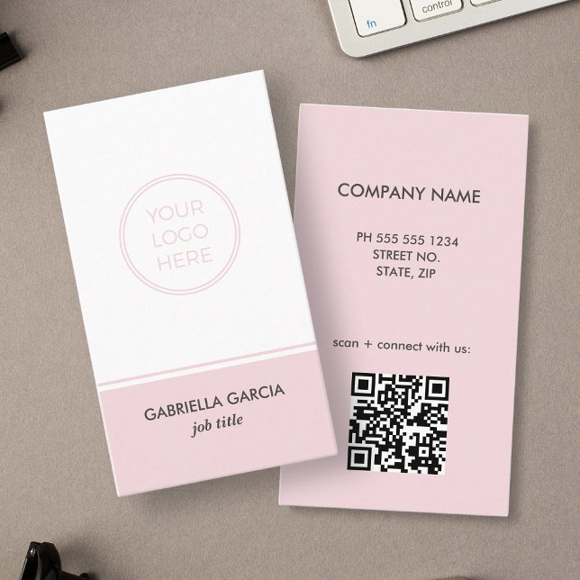 Blush Pink Simple Logo QR Code Business Card (Pink business card with your logo and QR code. Add your contact info and company name, job title..)