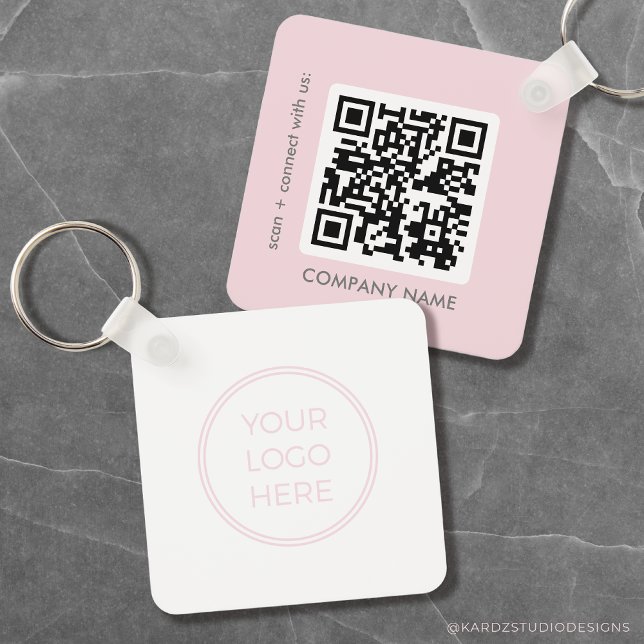 Blush Pink Simple Logo QR Code Key Ring (Blush Pink Logo + Qr Code, promotional keychain. Small business corporate branding.)