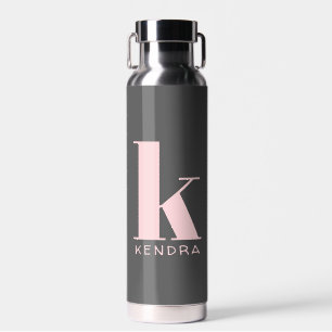 Blush Pink Simple Monogram on Charcoal Grey Water Bottle