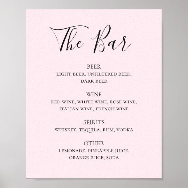 Blush pink simple script wedding drinks bar menu poster (Front)
