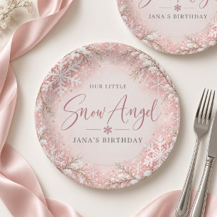 Blush Pink Snow Angel Personalised Birthday Paper Plate