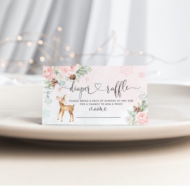 Blush pink snowflakes deer diaper raffle enclosure card (Creator Uploaded)