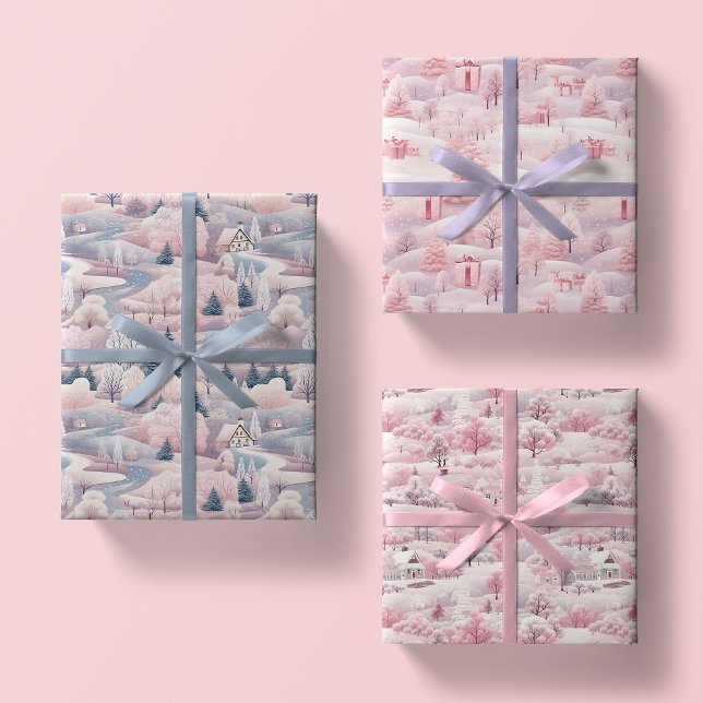 Blush Pink Snowscapes Christmas Wrapping Paper Set (Creator Uploaded)