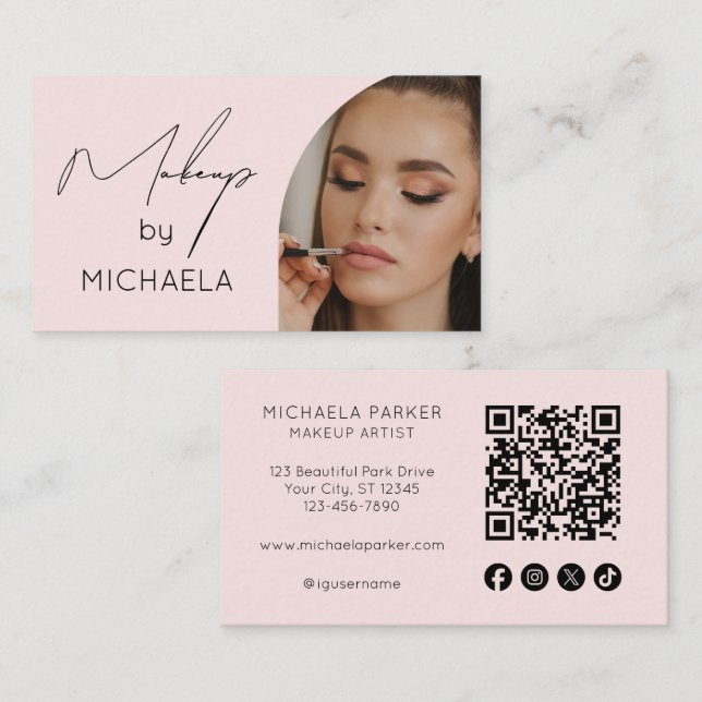 Blush Pink Social Icon QR Code Photo Makeup Business Card (Front/Back)
