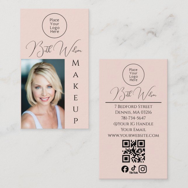 Blush Pink Social Icon QR Code Photo Makeup Business Card (Front/Back)