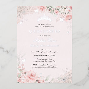Blush Pink Soft Rose Butterfly Silver Quinceanera