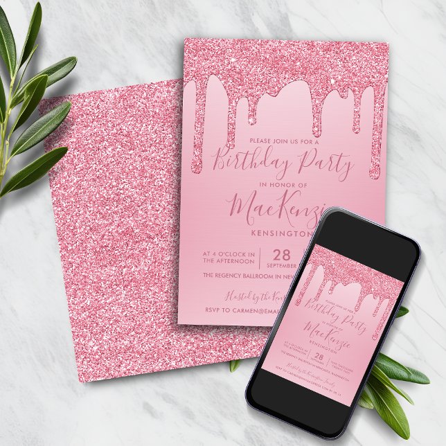 Blush Pink Sparkle Glitter Drips Any Year Birthday Invitation (Blush Pink Sparkle Glitter Drips Any Year Birthday Invitation)