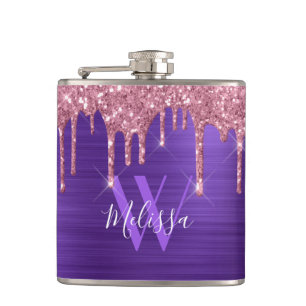 Blush Pink Sparkle Glitter Drips Monogram Purple Hip Flask