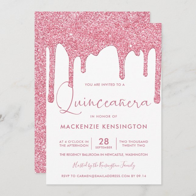 Blush Pink Sparkle Glitter Drips Quinceañera Invitation (Front/Back)