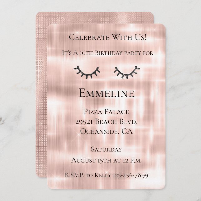 Blush Pink Sparkle Glitzy Black Glitter Eyelashes  Invitation (Front/Back)
