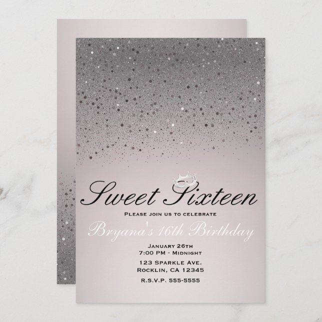 Blush Pink Sparkly Glitter Sweet 16 Crown Party Invitation (Front/Back)
