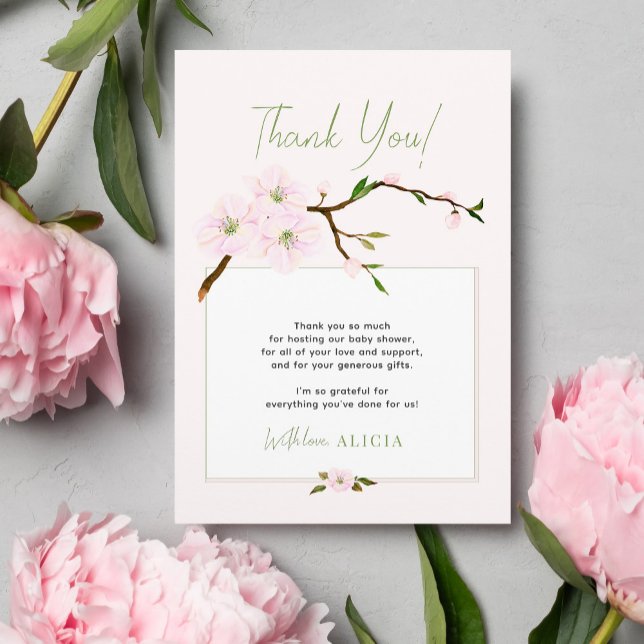 Blush pink spring floral girl baby shower thank you card (Creator Uploaded)