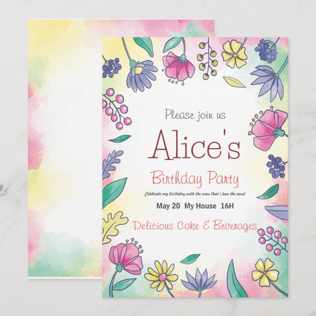 Blush Pink Spring Floral Girly birthday Invitation (Front/Back)