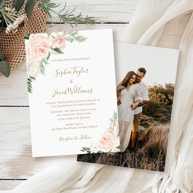 Blush Pink Spring Floral Photo Wedding Invitation (Creator Uploaded)