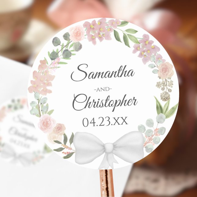 Blush Pink Spring Floral Wreath Elegant Wedding Classic Round Sticker (Favor Tag or Envelope Seal)