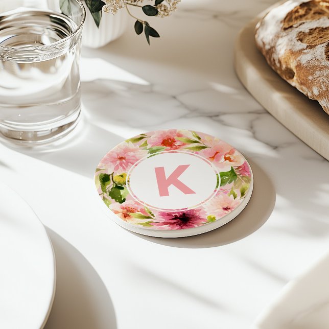 Blush Pink Spring Watercolor Floral Monogram Coaster (Creator Uploaded)
