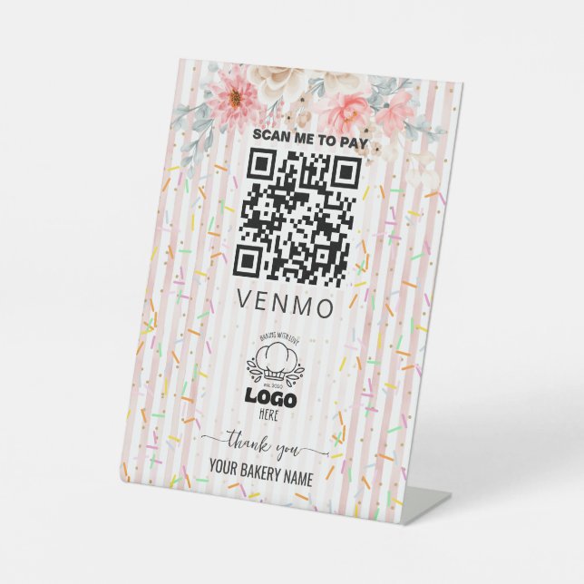 Blush pink Sprinkle Bakery venmo Payment Qr code  Pedestal Sign (Front)