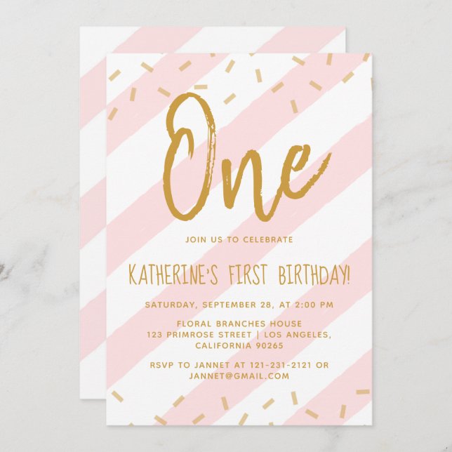 Blush Pink Sprinkle Stripes Gold Glitter Birthday Invitation (Front/Back)