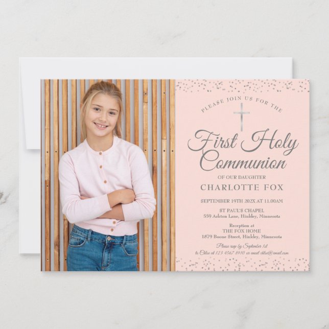 Blush Pink Stardust First Holy Communion Photo Invitation (Front)