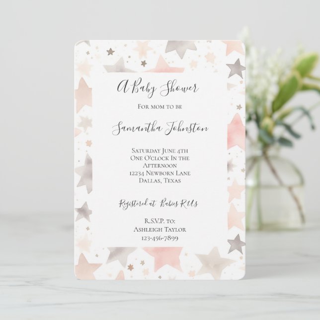 Blush Pink Stars Baby Shower Invitation (Standing Front)