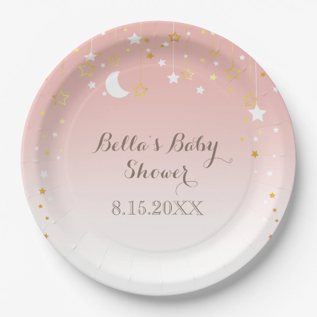 Blush Pink Stars Moon Baby Shower Paper Plate (Front)