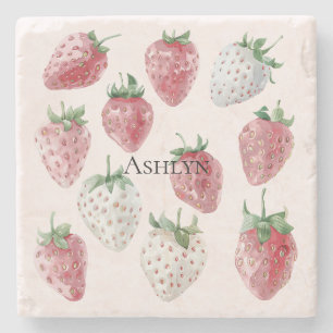 Blush Pink Strawberries Stone Coaster