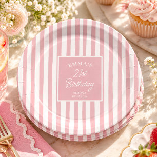 Blush Pink Stripe 21st Birthday Coastal Chic Paper Plate